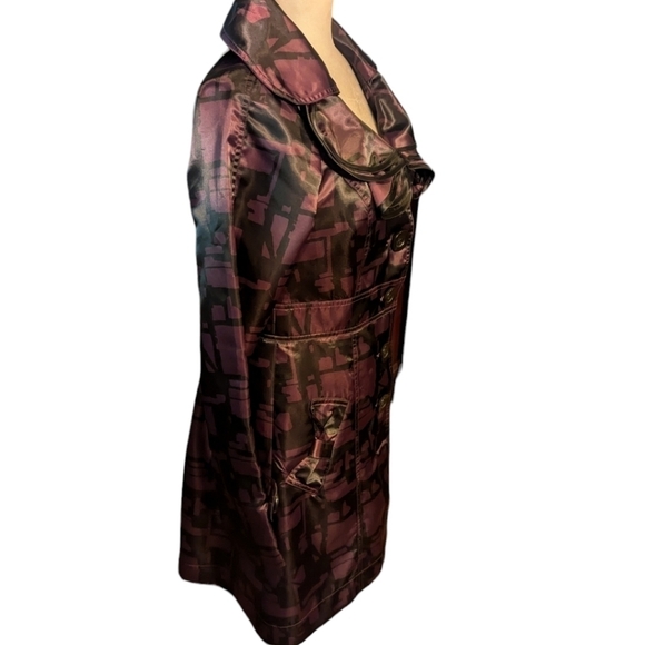 Nick & Mo Anthropology purple/ black satin ruffle collar unique trenchcoat sz S - Picture 4 of 13